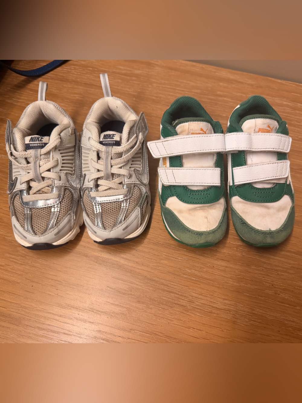 Nike Kids Beige and Silver Athletic Sneakers(8.5T) & Puma Green and White (8T)